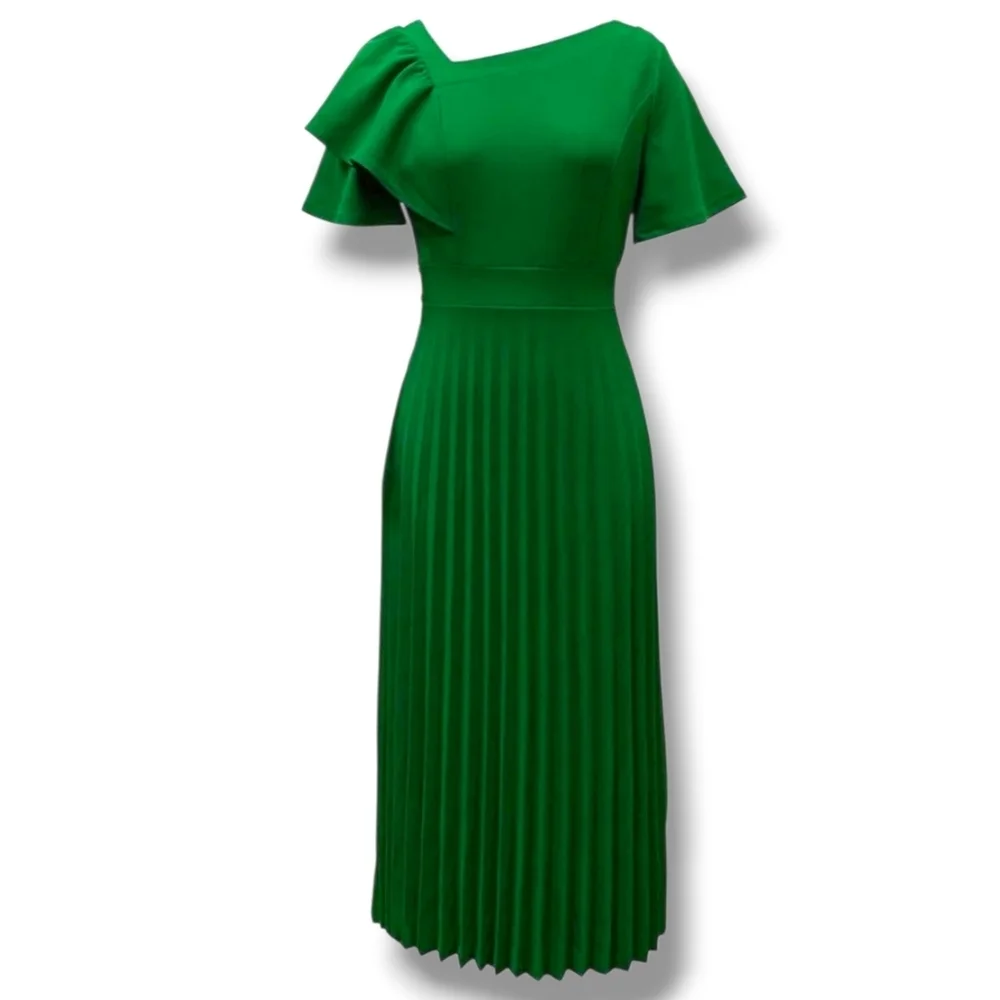 AOMEI - Medium Spring Asymmetrical Green Pleated Dress - Picture 4 of 16